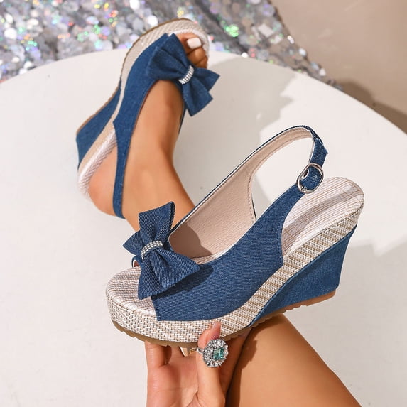 YgkuHd Women's Casual Wedge Sandals Peep Toe Denim Upper Rhinestone Bow Embellishment Adjustable Ankle Strap Chunky Blue,9