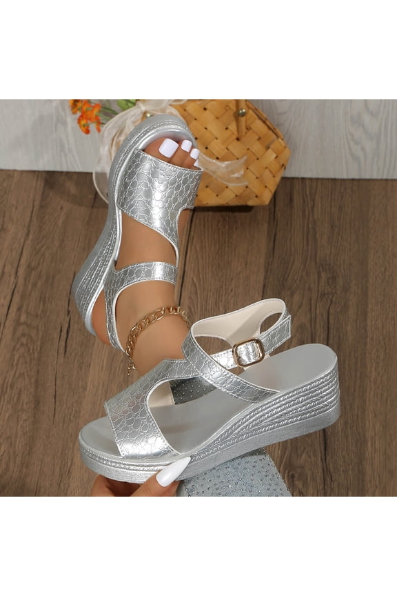 Women's Casual Wedge Sandals Peep Toe Metallic Faux Patent Leather Finish Adjustable Ankle Strap Lightweight Silver,7.5