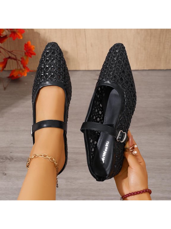 Women's Casual Wedge Sandals Pointed Toe Mule Style Perforated Woven Upper Mary Jane Strap Metal Buckle Black,6
