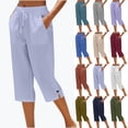 thumbnail image 1 of YgkuHd Women's Cotton Linen Capri Pants Loose Straight Leg Elastic Waist Drawstring Button Hem Comfy Summer Trousers with Pockets Sizes S-XXXL, 1 of 8