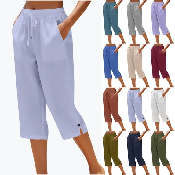YgkuHd Women's Cotton Linen Capri Pants Loose Straight Leg Elastic Waist Drawstring Button Hem Comfy Summer Trousers with Pockets Sizes S-XXXL