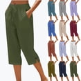 thumbnail image 1 of YgkuHd Women's Cotton Linen Capri Pants Loose Straight Leg Elastic Waist Drawstring Button Hem Comfy Summer Trousers with Pockets Sizes S-XXXL, 1 of 6