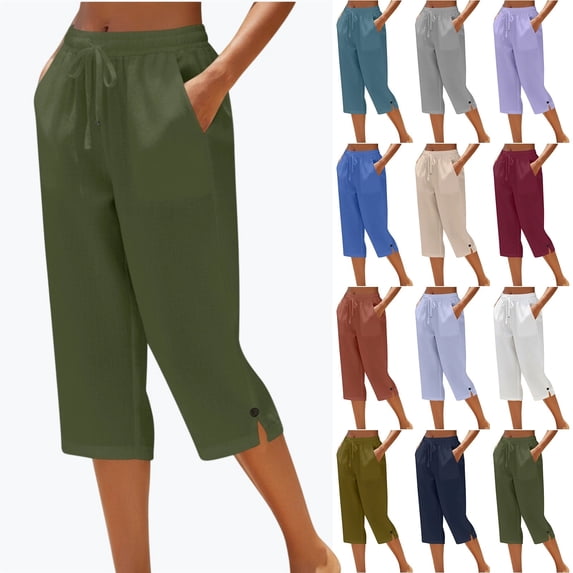 YgkuHd Women's Cotton Linen Capri Pants Loose Straight Leg Elastic Waist Drawstring Button Hem Comfy Summer Trousers with Pockets Sizes S-XXXL