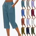 thumbnail image 1 of YgkuHd Women's Cotton Linen Capri Pants Loose Straight Leg Elastic Waist Drawstring Button Hem Comfy Summer Trousers with Pockets Sizes S-XXXL, 1 of 6