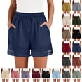 thumbnail image 1 of YgkuHd Women's Cotton Linen Summer Shorts with Lace Trim, Elastic Waist Casual Beach Shorts with Pockets, Comfy Boho Lounge Shorts for Home, Vacation, Daily Wear,01-Navy_S, 1 of 9