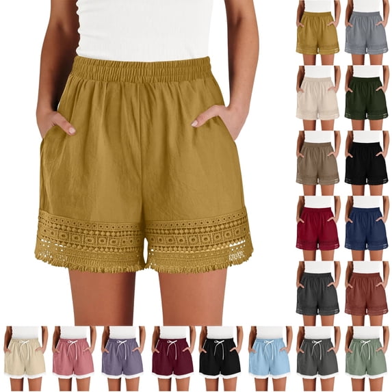 YgkuHd Women's Cotton Linen Summer Shorts with Lace Trim, Elastic Waist Casual Beach Shorts with Pockets, Comfy Boho Lounge Shorts for Home, Vacation, Daily Wear,01-Yellow_3XL