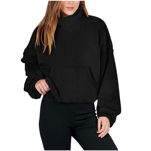 YgkuHd Women's Cropped Long Sleeve Sweatshirt Fall Winter Casual Stand Collar Full Fleece Jacket,Black_M