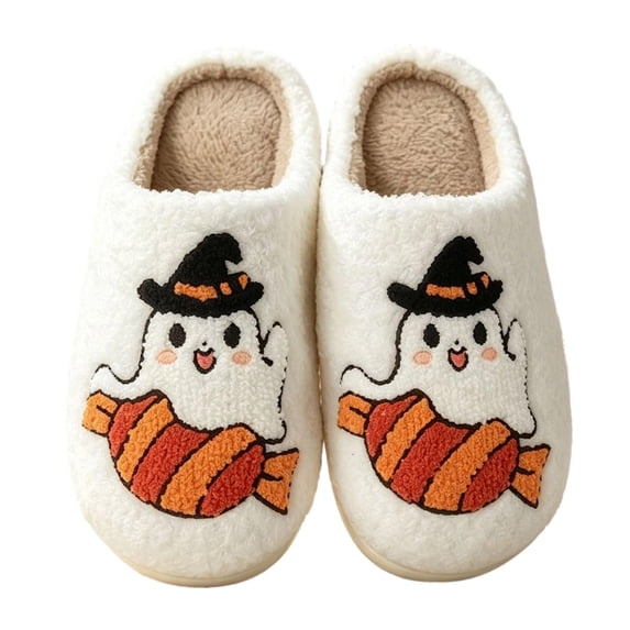 YgkuHd Women's Cute Ghost Slippers Halloween House Shoes with Candy Witch Hat Soft Fuzzy Indoor Sliders Warm Winter Bedroom