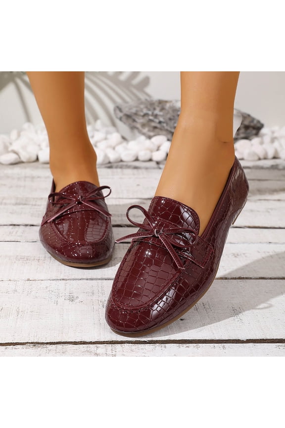 Women's French Low Cut Lightweight Flat Bottom Tassel Bow Loafers Glossy Embossed Casual Business Work Shoes,Wine_5.5