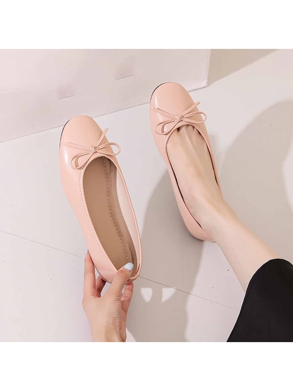 Women's French Round Toe Bow Low-Top Flats Faux Leather Lightweight Work Shoes for Office Errands All Seasons,Pink_5.5