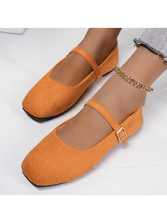 Women's Mary Jane Flat, Women Fashionable And Casual Spring Candy Colored French Flat Bottomed Button Toe Shallow Mouth Temperament Flat Shoes,Orange_6