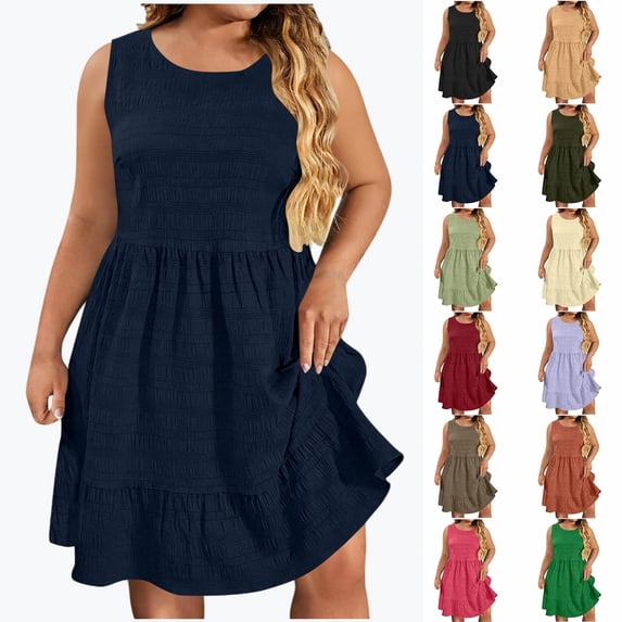 YgkuHd Women's Plus Size Solid Color Crew Neck Sleeveless Dress - Loose Fit Flowy Tiered Casual Dress for Daily Home Wear (L-5XL)