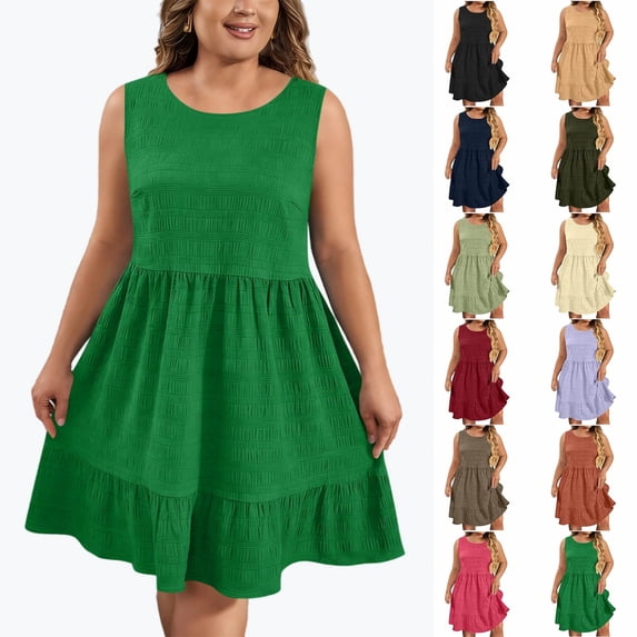 YgkuHd Women's Plus Size Solid Color Crew Neck Sleeveless Dress - Loose Fit Flowy Tiered Casual Dress for Daily Home Wear (L-5XL)