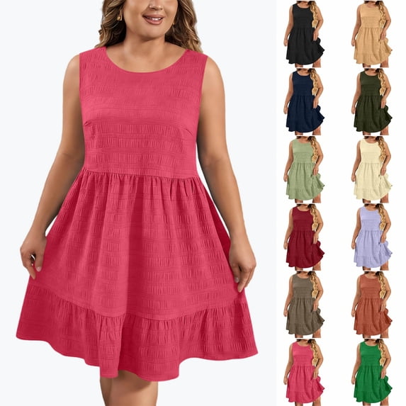 YgkuHd Women's Plus Size Solid Color Crew Neck Sleeveless Dress - Loose Fit Flowy Tiered Casual Dress for Daily Home Wear (L-5XL)