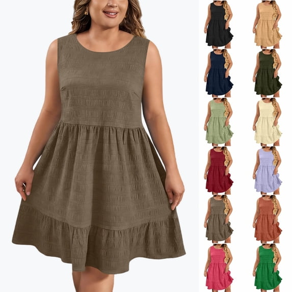 YgkuHd Women's Plus Size Solid Color Crew Neck Sleeveless Dress - Loose Fit Flowy Tiered Casual Dress for Daily Home Wear (L-5XL)