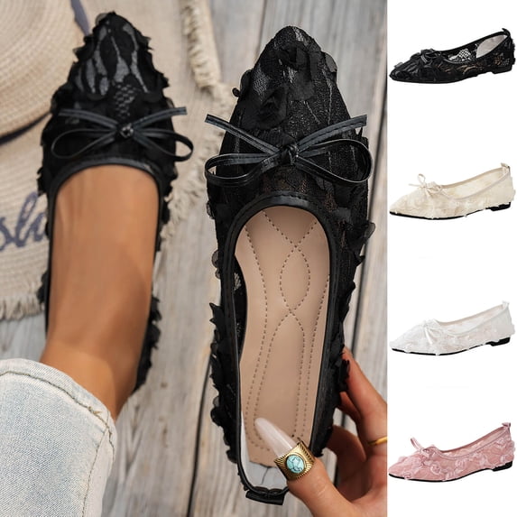YgkuHd Women's Pointed Toe Lace Flat Shoes Bowknot Detail Soft Breathable Casual Flats for Work Shopping Spring Summer,Black_5.5
