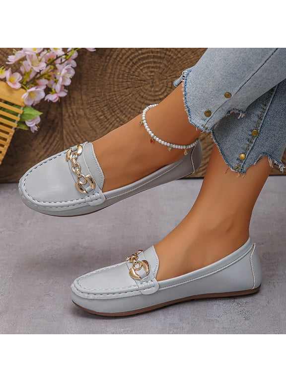 Women's Sandblasted French Round Toe Soft Sole Flats Metal Chain Detail Casual Loafers for Daily Outdoor,Gray_6