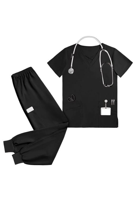 Women's Scrub Set – Short Sleeve V-Neck Top & Drawstring Pants, Surgical Nursing Uniform for Hospital Operating Room, Breathable Comfort Fit, Sizes S-XXL,Black_XXL
