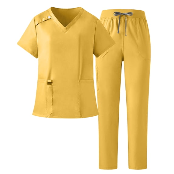 YgkuHd Women's Scrub Set – Short Sleeve V-Neck Top with Pockets & Drawstring Pants, Surgical Nursing Uniform for Hospital Clinic, Sizes S-XXL,Yellow_M