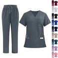 thumbnail image 1 of YgkuHd Women's Solid Color Medical Scrubs Set, 2 Piece V Neck Short Sleeve Top & Elastic Waist Multi Pocket Nurse Uniform,Dark Gray_S, 1 of 7