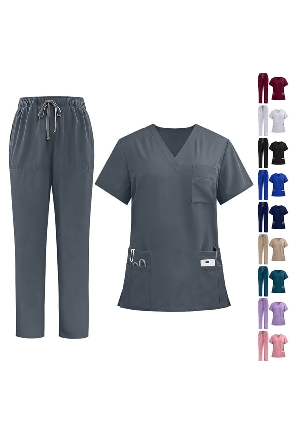 Women's Solid Color Medical Scrubs Set, 2 Piece V Neck Short Sleeve Top & Elastic Waist Multi Pocket Nurse Uniform,Dark Gray_S