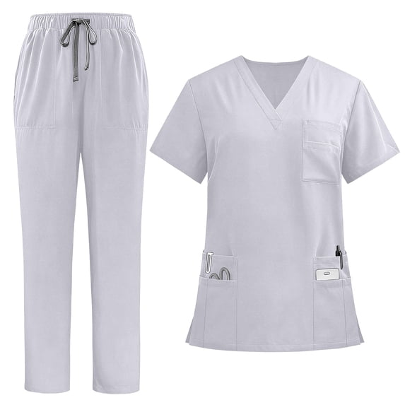 YgkuHd Women's Solid Color Medical Scrubs Set, 2 Piece V Neck Short Sleeve Top & Elastic Waist Multi Pocket Nurse Uniform,White_L