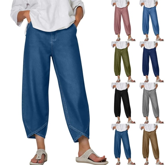 YgkuHd Women's Solid Color Petal Patterned Hem Pocket Casual Loose Cropped Pants Stylish Bottoms for Daily