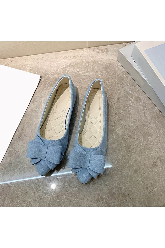 Women's Spring Pointed Bow Flat Sole Shoes Soft Matte Fabric Quilted Insole Casual Work Flats for Outdoor Indoor,Light Blue_8.5