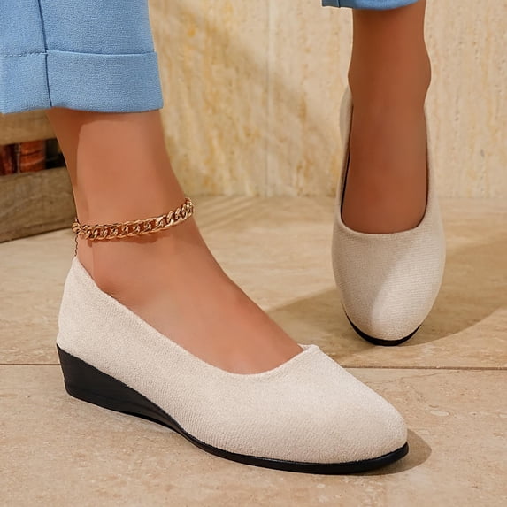 YgkuHd Women's Spring Summer Round Toe Wedge Heel Flats Low Wedge Casual Shoes Breathable Fabric for Daily Leisure,Beige_8.5
