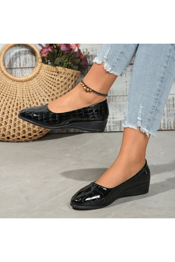 Women's Spring Summer Solid Color Round Toe Wedge Flats Croc-Patterned Faux Leather Casual Shoes for Office Brunch,Black_6.5