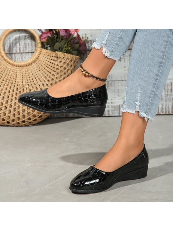Women's Spring Summer Solid Color Round Toe Wedge Flats Croc-Patterned Faux Leather Casual Shoes for Office Brunch,Black_7.5