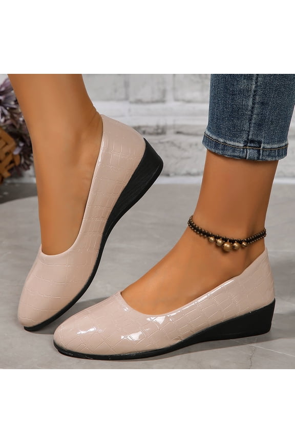 Women's Spring Summer Solid Color Round Toe Wedge Flats Croc-Patterned Faux Leather Casual Shoes for Office Brunch,Khaki_5.5