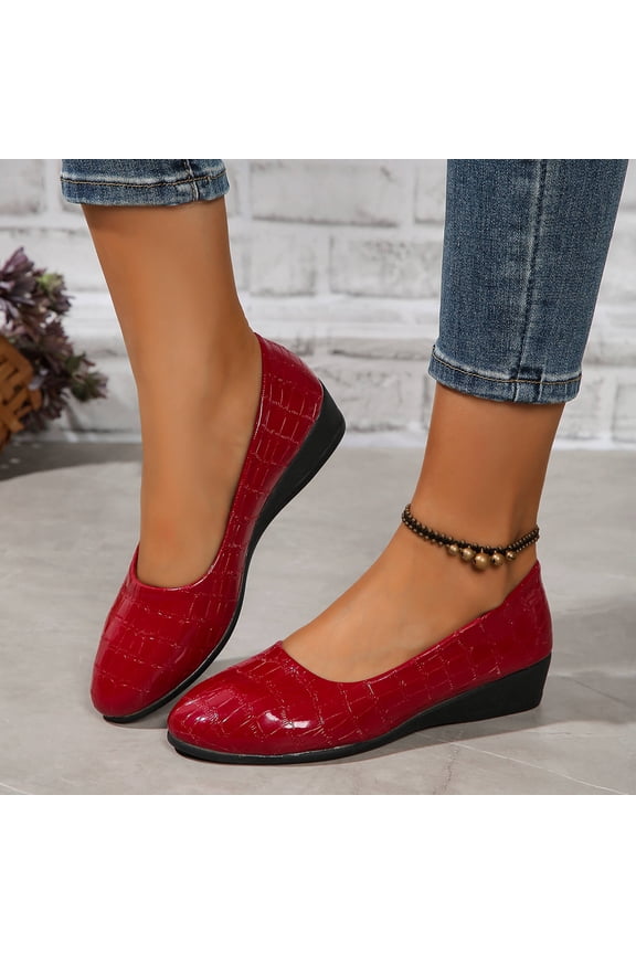 Women's Spring Summer Solid Color Round Toe Wedge Flats Croc-Patterned Faux Leather Casual Shoes for Office Brunch,Red_8.5