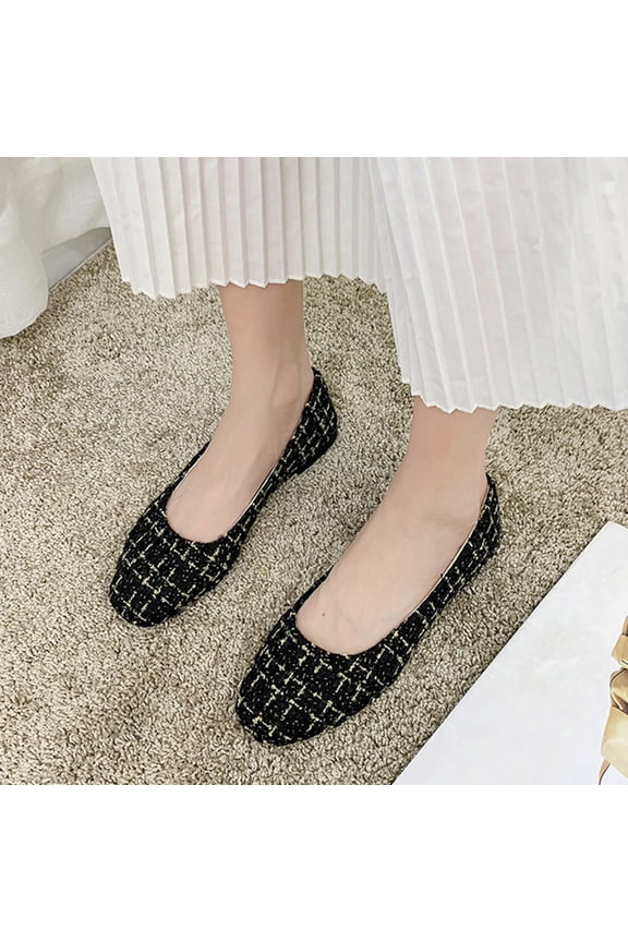 Women's Spring Tweed Textured Flat Shoes Checkered Pattern Pull-On Style Casual Loafers for Office Weekend,Gold_7