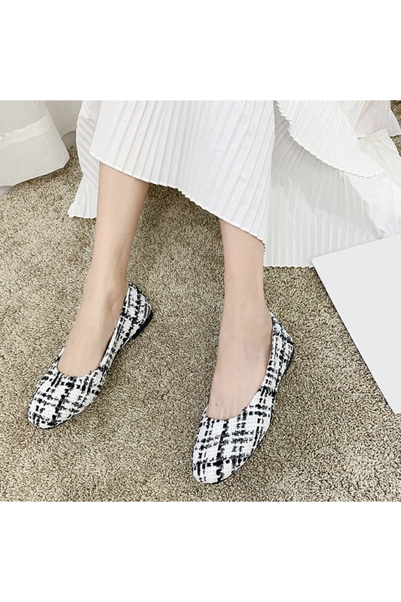 Women's Spring Tweed Textured Flat Shoes Checkered Pattern Pull-On Style Casual Loafers for Office Weekend,White_6.5
