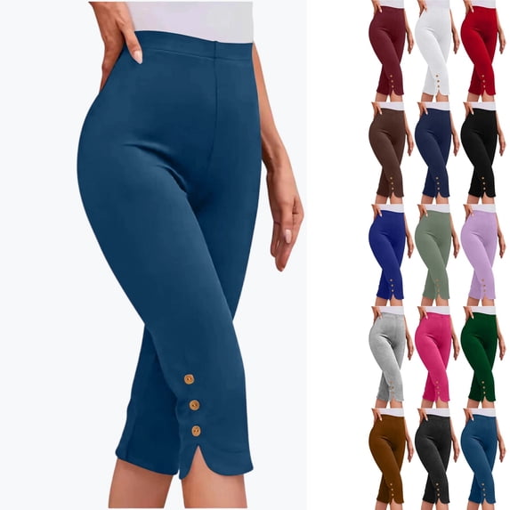 YgkuHd Women's Summer High Waisted Solid Color Capris Matching Slim Fitting Yoga Gym Pants Leggings Blue 1_S