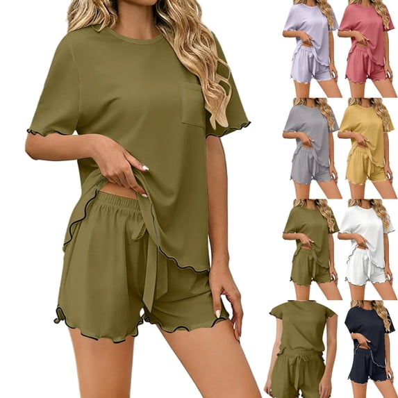 YgkuHd Women's Two-Piece Pajama Set - Casual Ruffle Trim Short Sleeve Top & Shorts Ice Silk Loungewear Set for Spring & Summer With Pockets