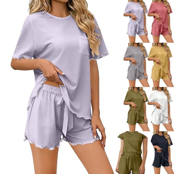 YgkuHd Women's Two-Piece Pajama Set - Casual Ruffle Trim Short Sleeve Top & Shorts Ice Silk Loungewear Set for Spring & Summer With Pockets