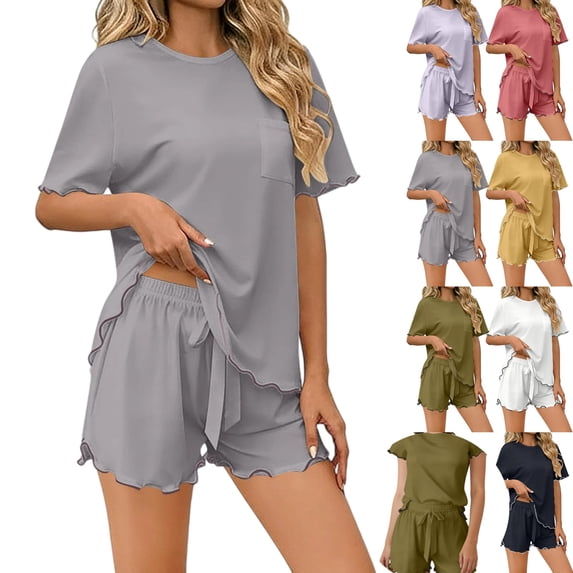 YgkuHd Women's Two-Piece Pajama Set - Casual Ruffle Trim Short Sleeve Top & Shorts Ice Silk Loungewear Set for Spring & Summer With Pockets