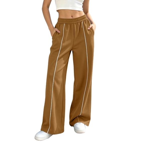 YgkuHd Women's Wide Leg Track Pants with Pockets High Waisted Elastic Sweatpants Side Stripe Casual Lounge Workout Pants,Brown_M