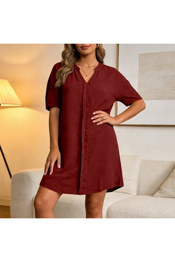 Womens Dresses Women's Summer Casual Fashion Solid Color V-Neck Short Sleeve Shift Dress, Loose Comfy Swing Dress for Daily Wear Sundress Plus Size