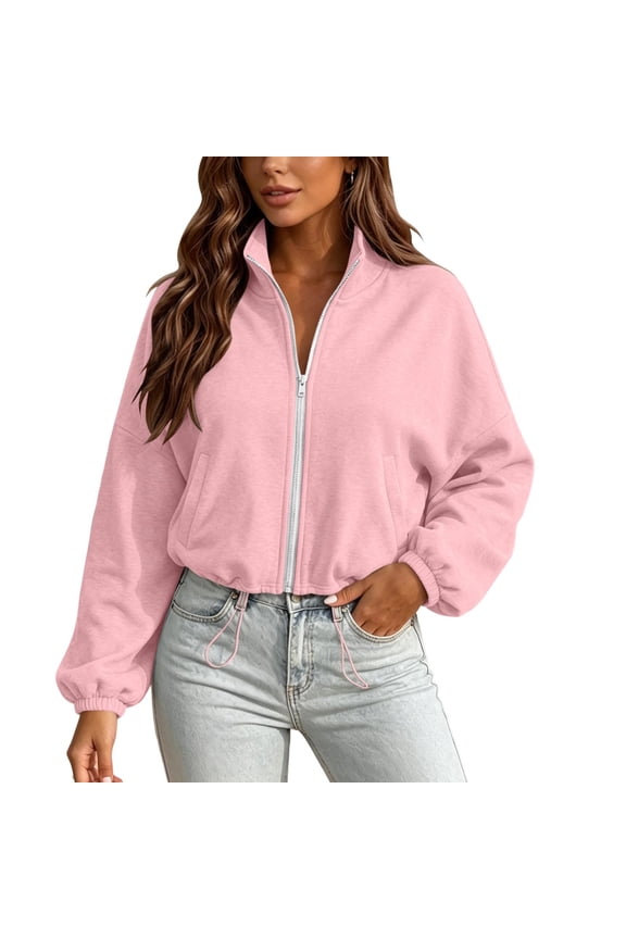 Womens Heavyweight Zip Up Drawstring Hoodie Jacket Loose Fit Fleece Essentials Oversized Outerwear,Pink_S