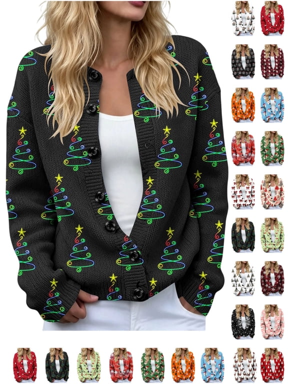 Womens Plus Size Sweaters Christmas Sweaters for Women Graphic Long Sleeve Button Down Sweater Cardigan Print Knit Tops Coat for Holiday Parties_Black 2 S