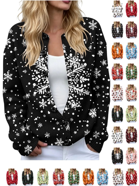 Womens Plus Size Sweaters Christmas Sweaters for Women Graphic Long Sleeve Button Down Sweater Cardigan Print Knit Tops Coat for Holiday Parties_Black 3 S