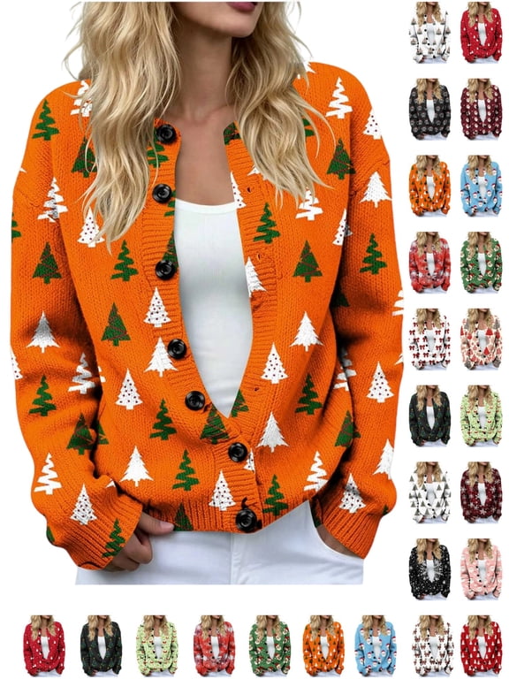 Womens Plus Size Sweaters Christmas Sweaters for Women Graphic Long Sleeve Button Down Sweater Cardigan Print Knit Tops Coat for Holiday Parties_Orange S