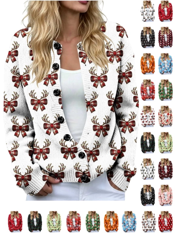 Womens Plus Size Sweaters Christmas Sweaters for Women Graphic Long Sleeve Button Down Sweater Cardigan Print Knit Tops Coat for Holiday Parties_Red 2 S