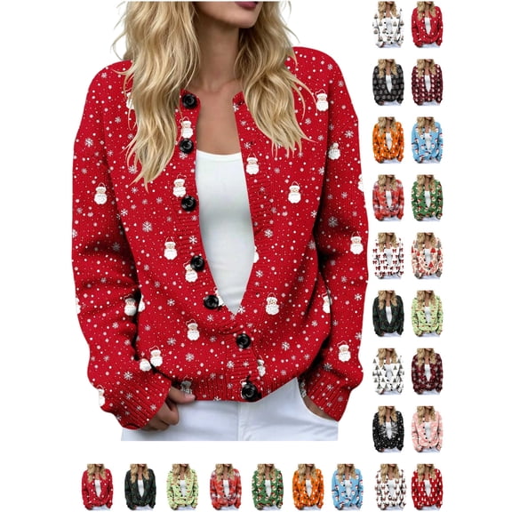 YgkuHd Womens Plus Size Sweaters Christmas Sweaters for Women Graphic Long Sleeve Button Down Sweater Cardigan Print Knit Tops Coat for Holiday Parties_Red 7 3XL