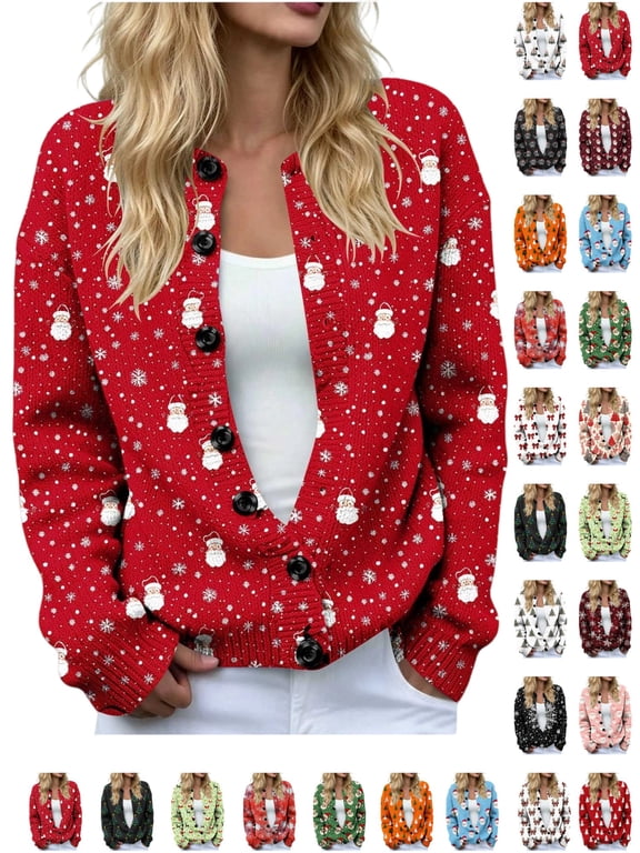Womens Plus Size Sweaters Christmas Sweaters for Women Graphic Long Sleeve Button Down Sweater Cardigan Print Knit Tops Coat for Holiday Parties