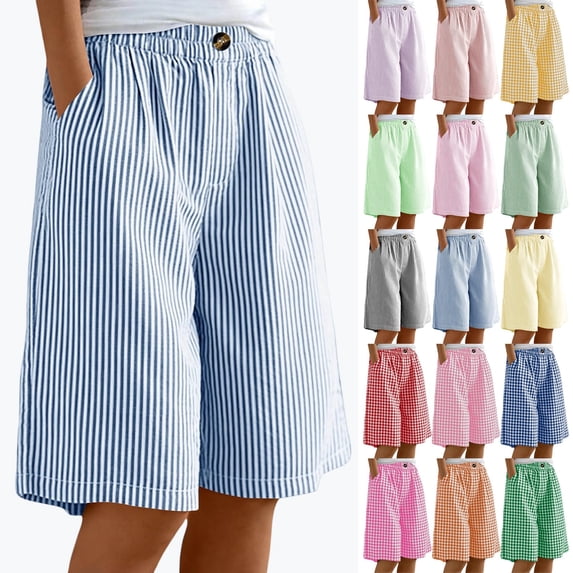 YgkuHd Womens Striped Bermuda Shorts, Women's Gingham & Stripe Knee-Length Shorts, Cotton Linen Blend Elastic Waist Casual 9" Bermuda Shorts with Pockets