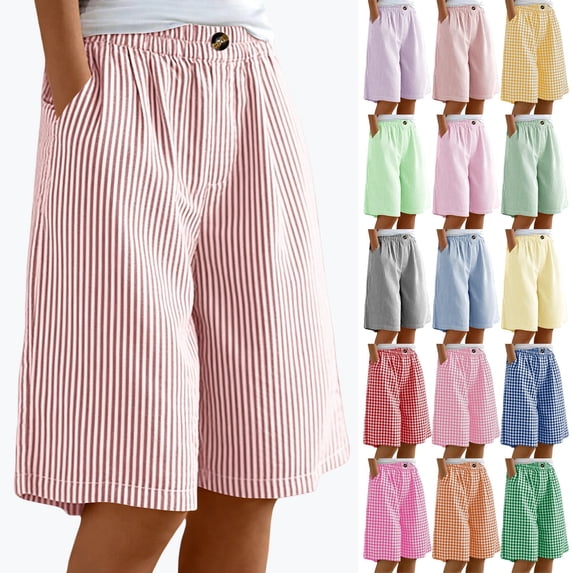 YgkuHd Womens Striped Bermuda Shorts, Women's Gingham & Stripe Knee-Length Shorts, Cotton Linen Blend Elastic Waist Casual 9" Bermuda Shorts with Pockets